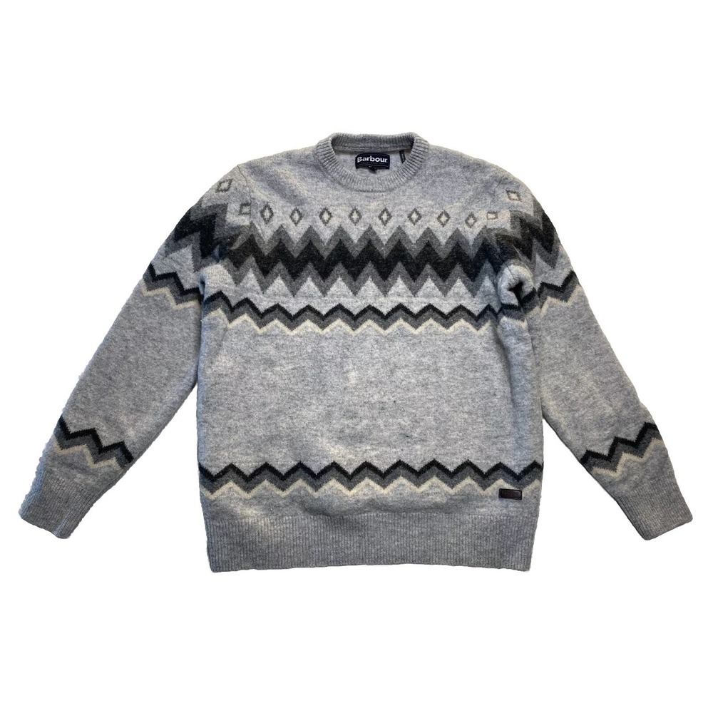 Barbour Men's XL Regis‎ Fairisle Crew Jumper 100% Wool Light Grey Marl